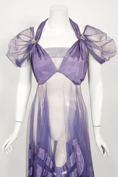 1930's Lilac Purple Sheer Net Tulle Silk Appliqué Bows Puff-Sleeve Gown