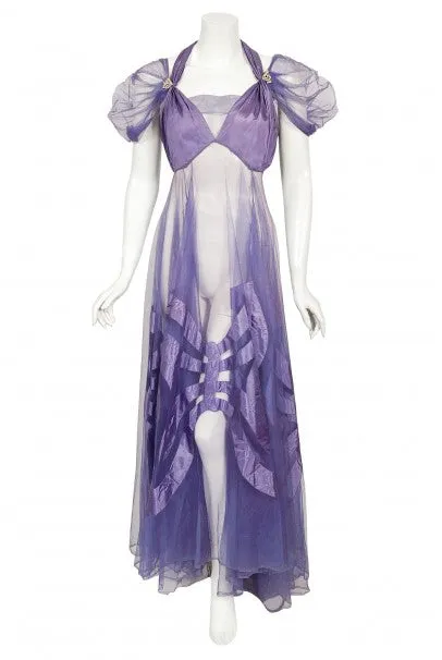 1930's Lilac Purple Sheer Net Tulle Silk Appliqué Bows Puff-Sleeve Gown