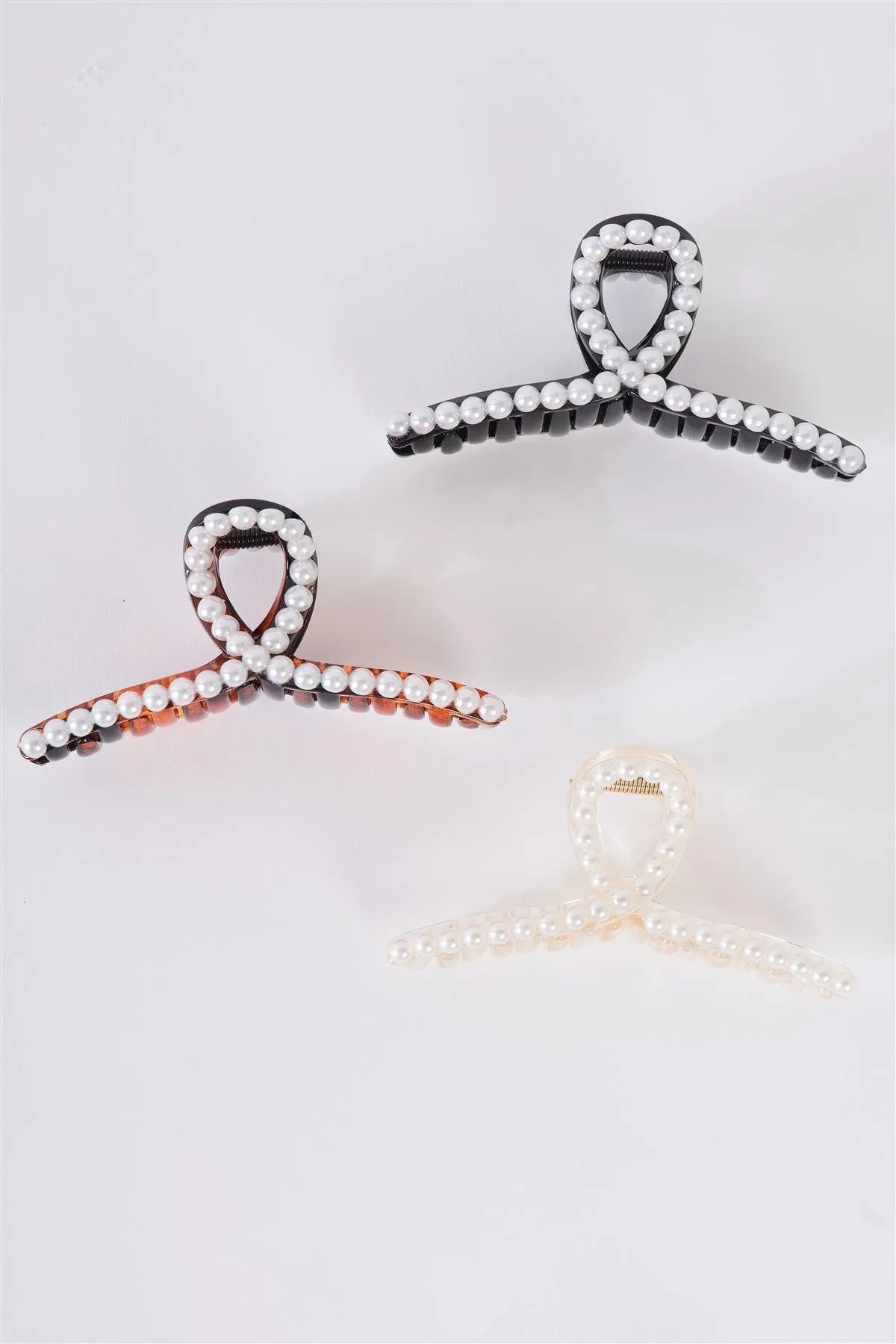 3pcs Thin Loopy Pearl Trim Claw Hair Clip Set