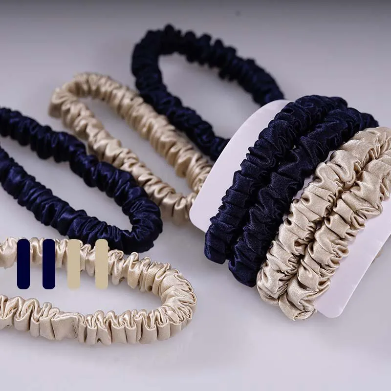 4 Pack Skinny Silk Hair Ties - Beige & Blue - dropshipping