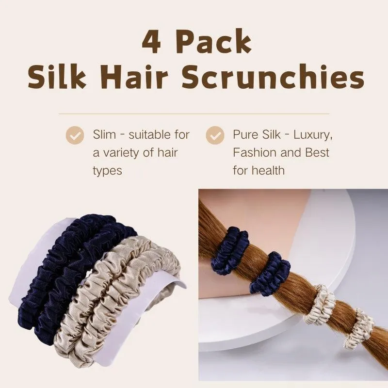 4 Pack Skinny Silk Hair Ties - Beige & Blue - dropshipping