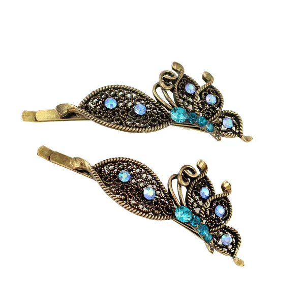 Antique Brass Rhinestone Butterfly Hair Clips  [Pair]