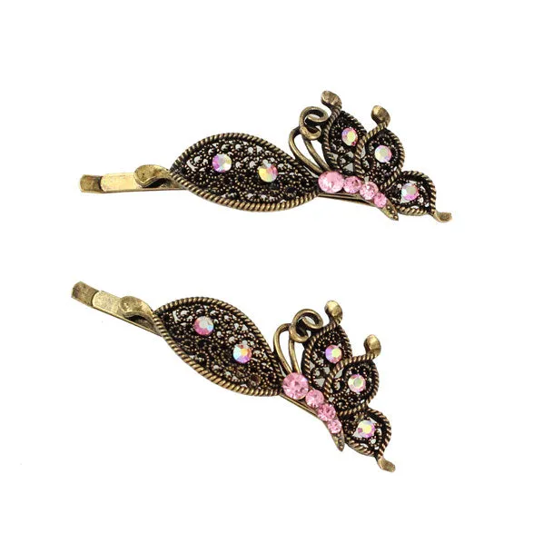 Antique Brass Rhinestone Butterfly Hair Clips  [Pair]