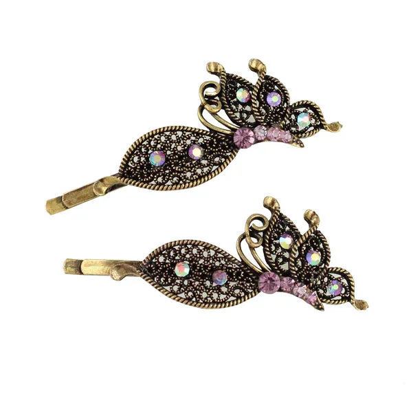 Antique Brass Rhinestone Butterfly Hair Clips  [Pair]