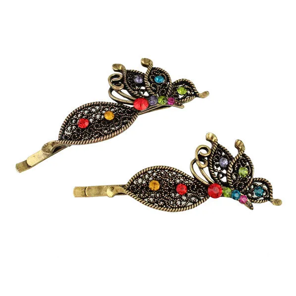 Antique Brass Rhinestone Butterfly Hair Clips  [Pair]