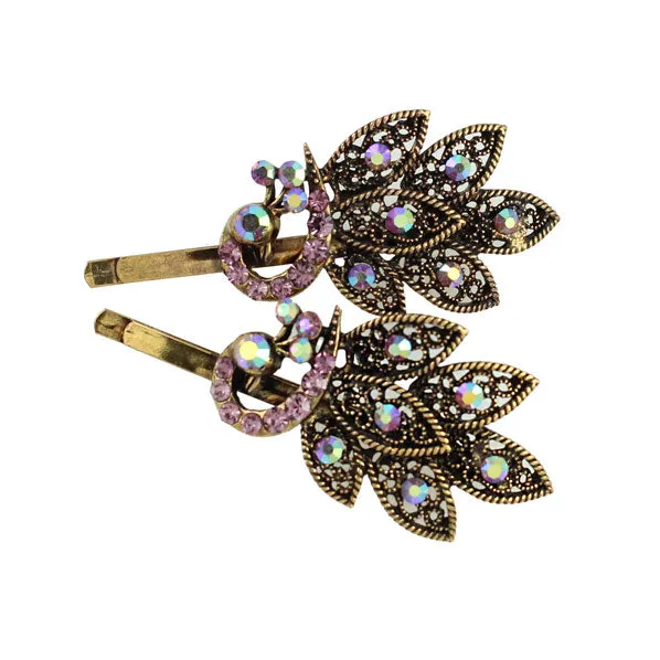 Antique Brass Rhinestone Peacock Hair Clips [Pair]