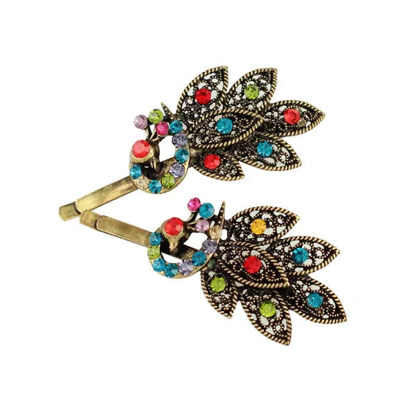 Antique Brass Rhinestone Peacock Hair Clips [Pair]