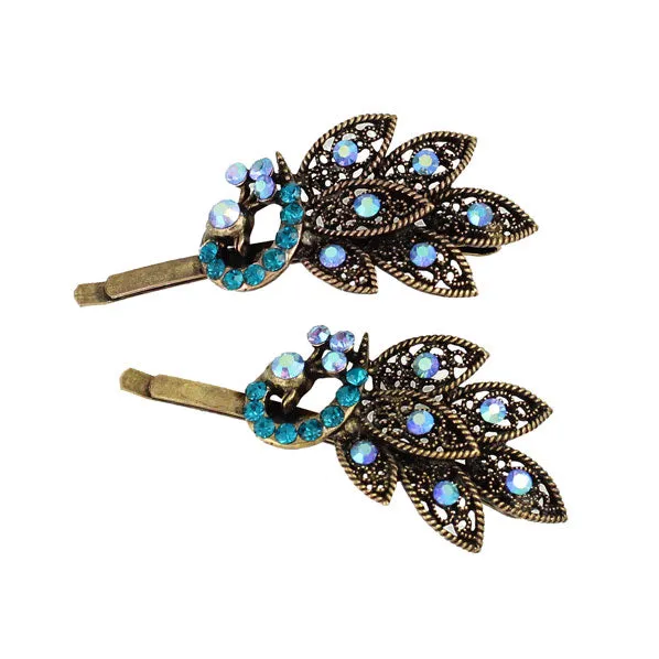 Antique Brass Rhinestone Peacock Hair Clips [Pair]