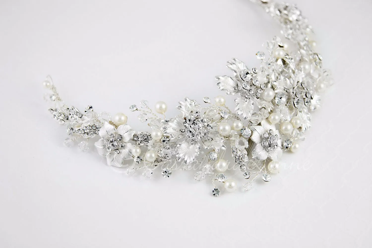 Bridal Headpiece with Frosted Flowers Pearls and Crystals