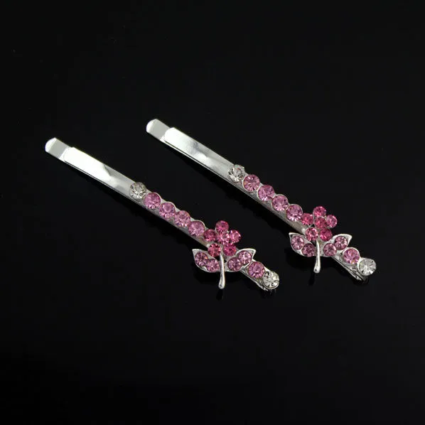 Czech Rhinestone Flower Side Hair Clips Pink [Pair]