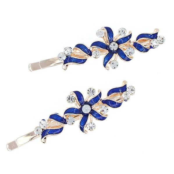 Gold Finish Enamel Flower Hair Clips with Rhinestones [pair]