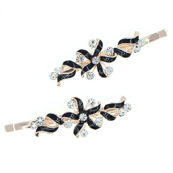 Gold Finish Enamel Flower Hair Clips with Rhinestones [pair]