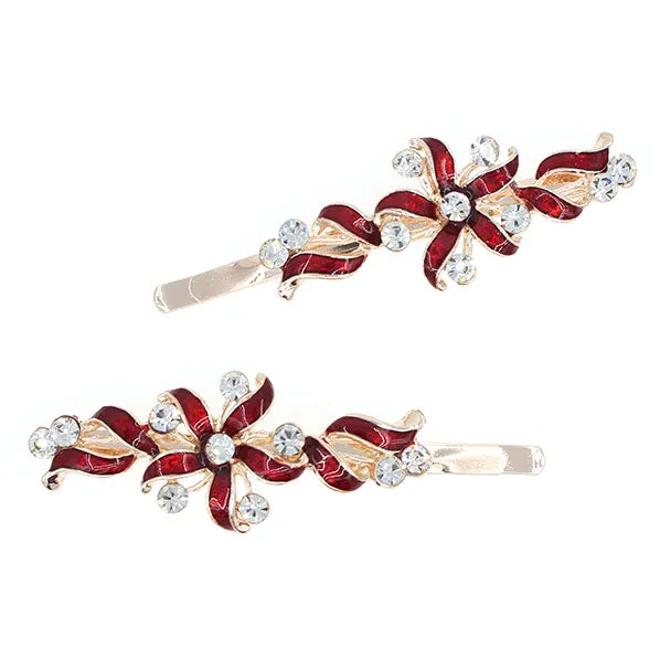 Gold Finish Enamel Flower Hair Clips with Rhinestones [pair]