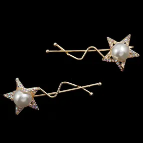 Gold Finish Rhinestone and Pearl Star Hair Clips [pair]