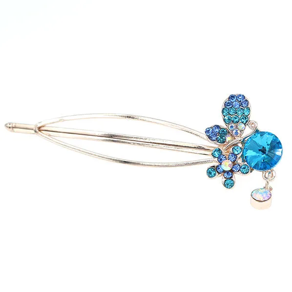 Gold Finish Rhinestone Flower & Butterfly Hair Clip w/ Dangle [pc]