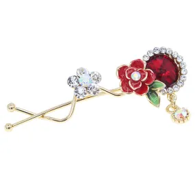 Gold Finish Rhinestone Flower Hair Clip w/ Dangle [pc]