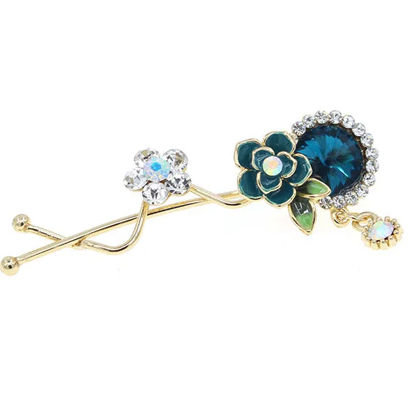 Gold Finish Rhinestone Flower Hair Clip w/ Dangle [pc]