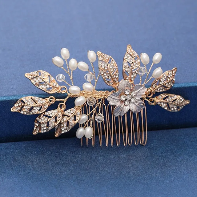 Gold Wedding Hair Combs Leaf Flower Design Bridal Hair Accessories