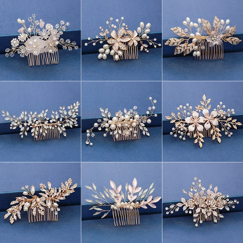 Gold Wedding Hair Combs Leaf Flower Design Bridal Hair Accessories