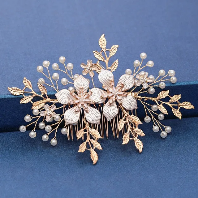 Gold Wedding Hair Combs Leaf Flower Design Bridal Hair Accessories