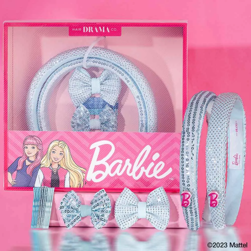 Hair Drama Co Barbie Kids Glam Gift Box with 2 Puff Hair Bands with Barbie Charm, 2 Hair Bows & 12 Hair Pins