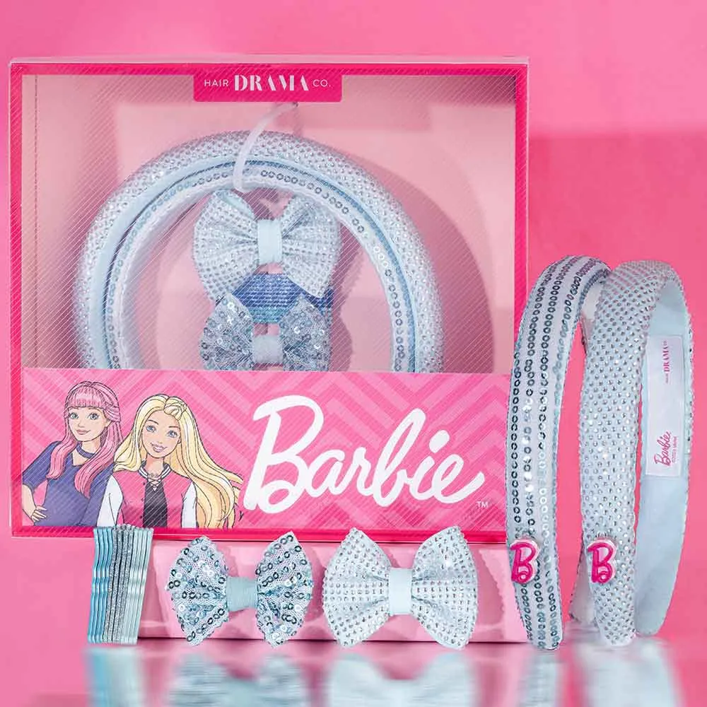 Hair Drama Co Barbie Kids Glam Gift Box with 2 Puff Hair Bands with Barbie Charm, 2 Hair Bows & 12 Hair Pins