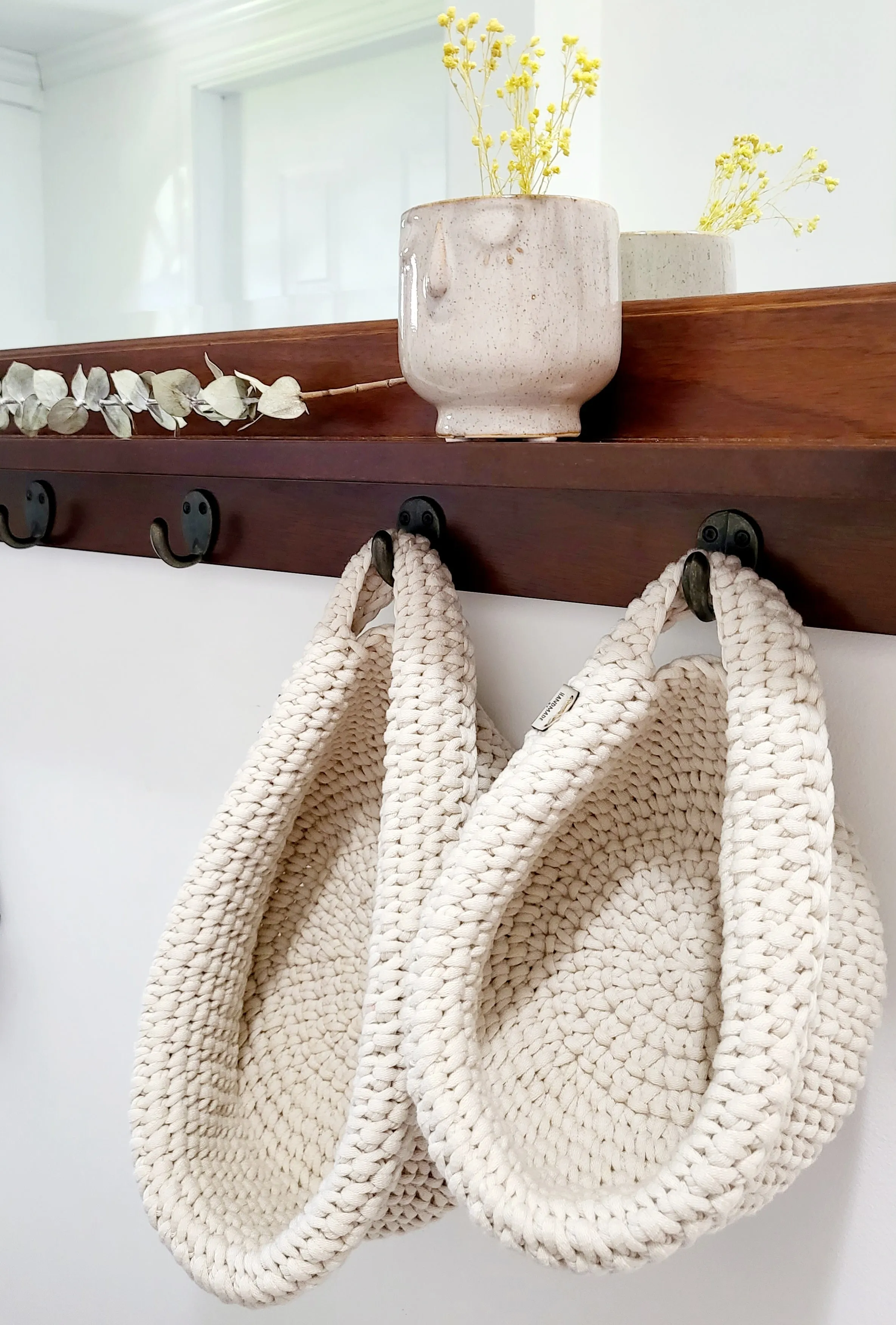 Hand-Crocheted Hanging Baskets with Handle – Set of 2 Storage Organizers