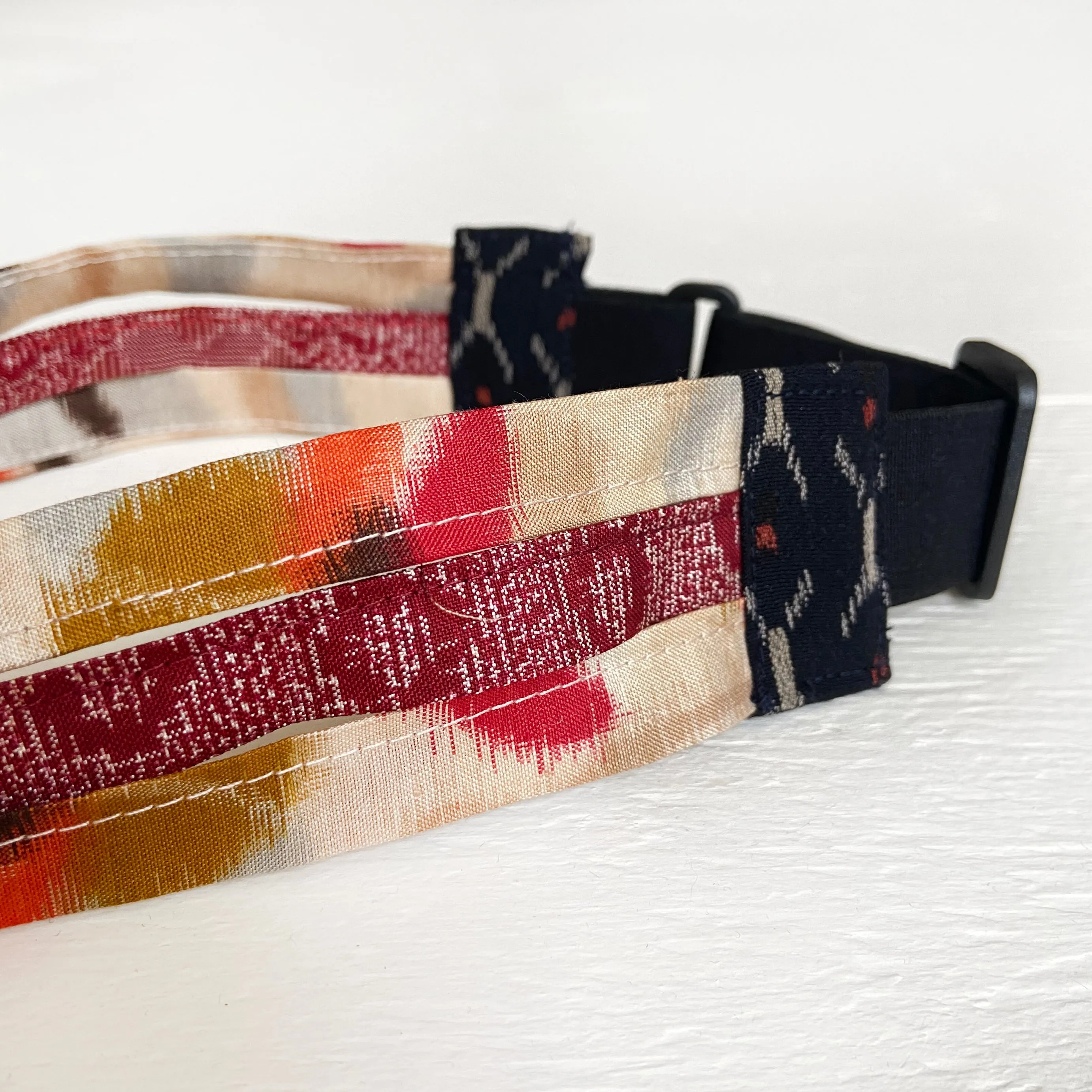 Japanese fabric triple headband, Adjustable Cream ikat/Red