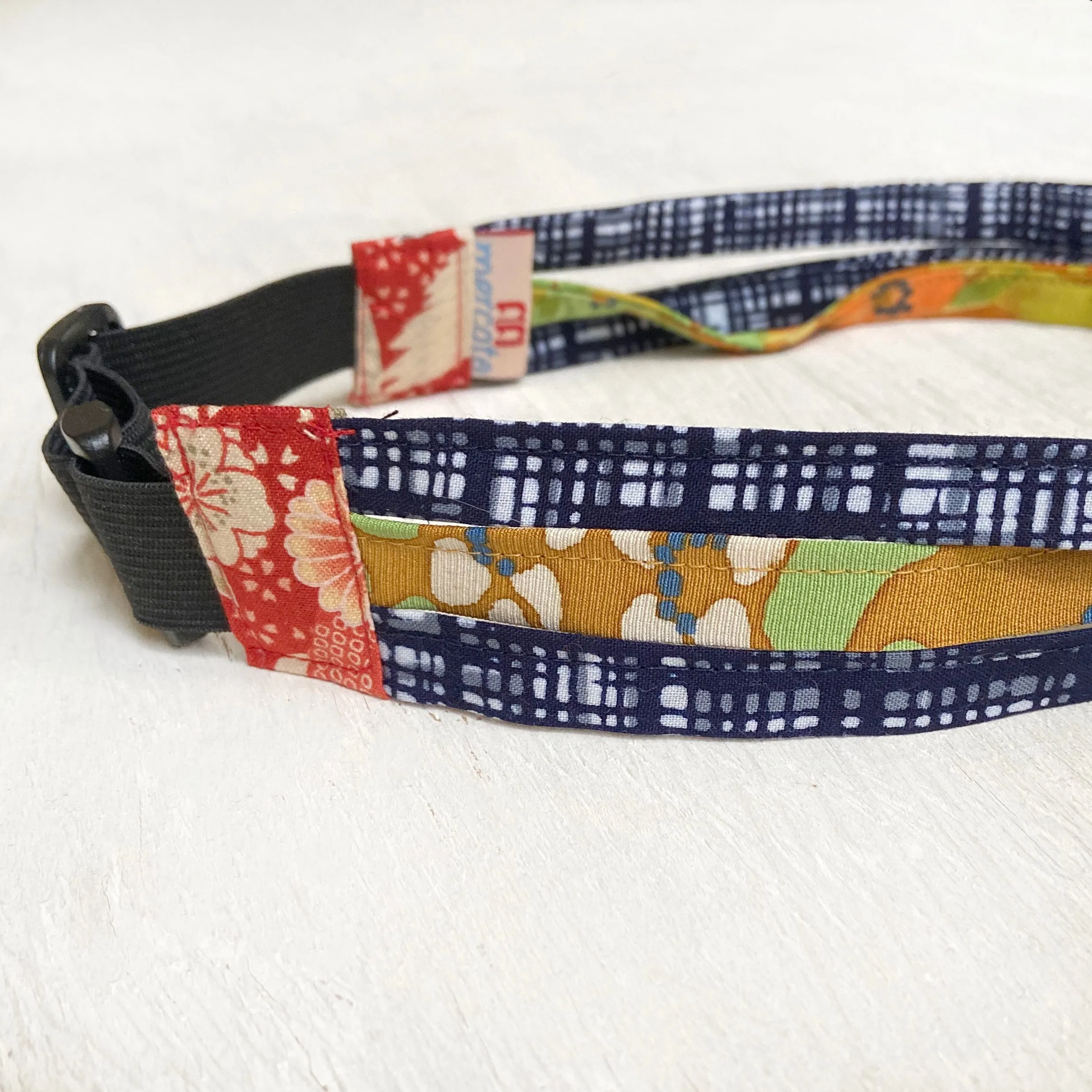 Japanese fabric triple headband, Adjustable Navy Yukata and mustard