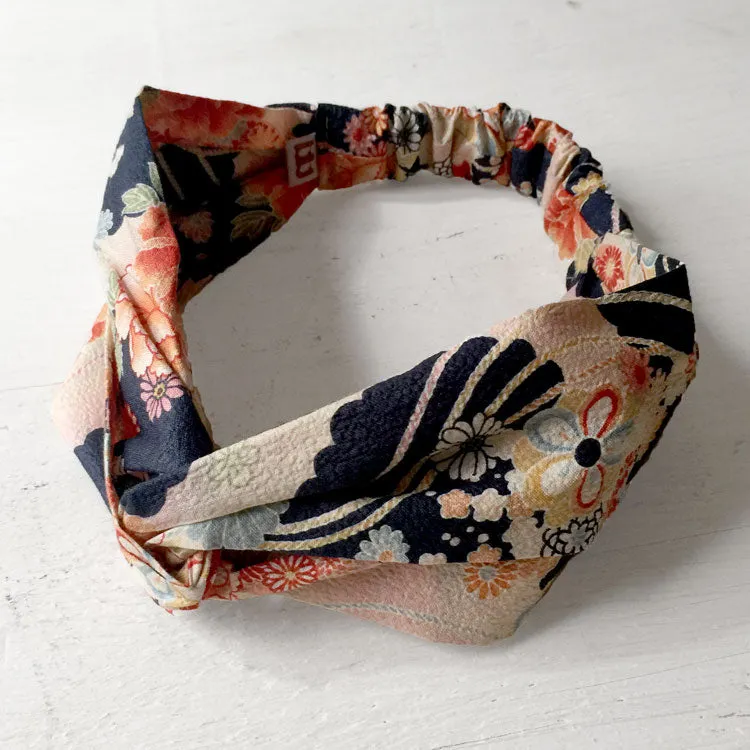 Japanese Kimono fabric, Cotton Twisted Headband, peach, Navy