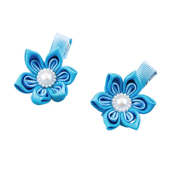 Kanzashi Flower Double Point Petal Hair Clip Aqua [Pair]