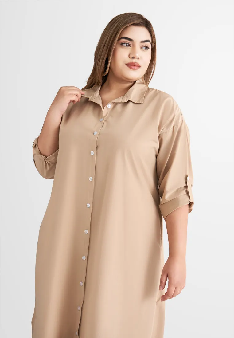 Linisha Minimalist Long Dress Shirt - Khaki