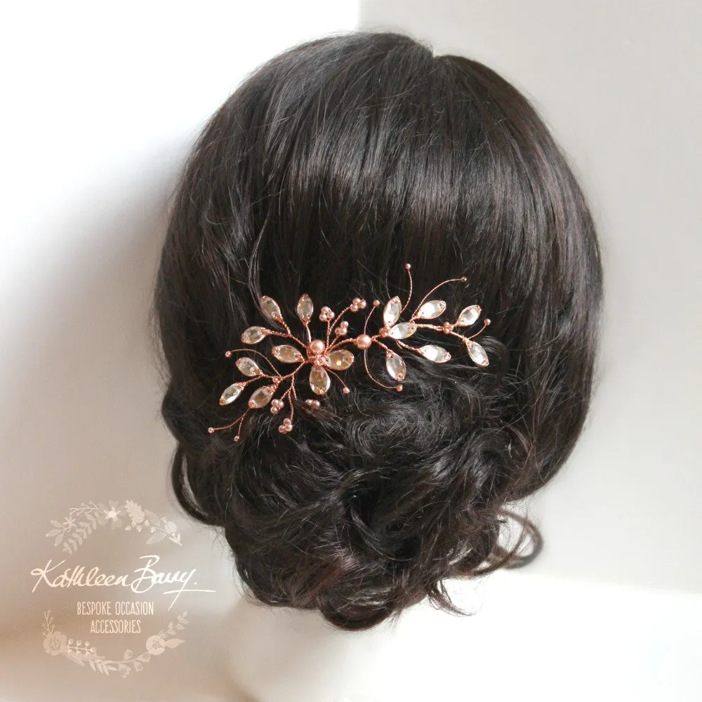 Marelize pearl & Rhinestone leaf hairpiece - available in Silver, gold, rose gold & copper plated finish