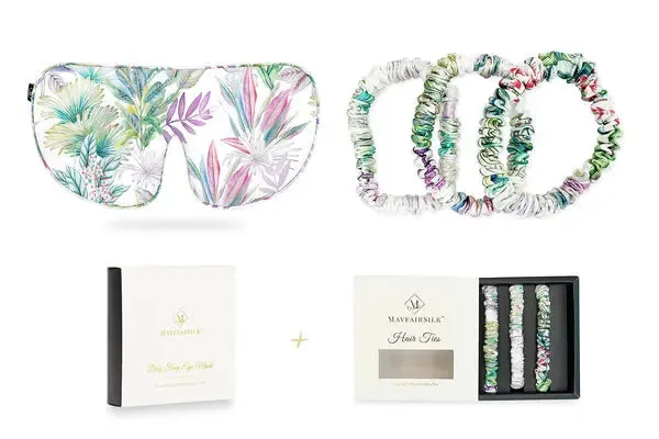 Mayfairsilk Iridescent Garden Silk Sleep Mask and Silk Hair Ties Gift Set