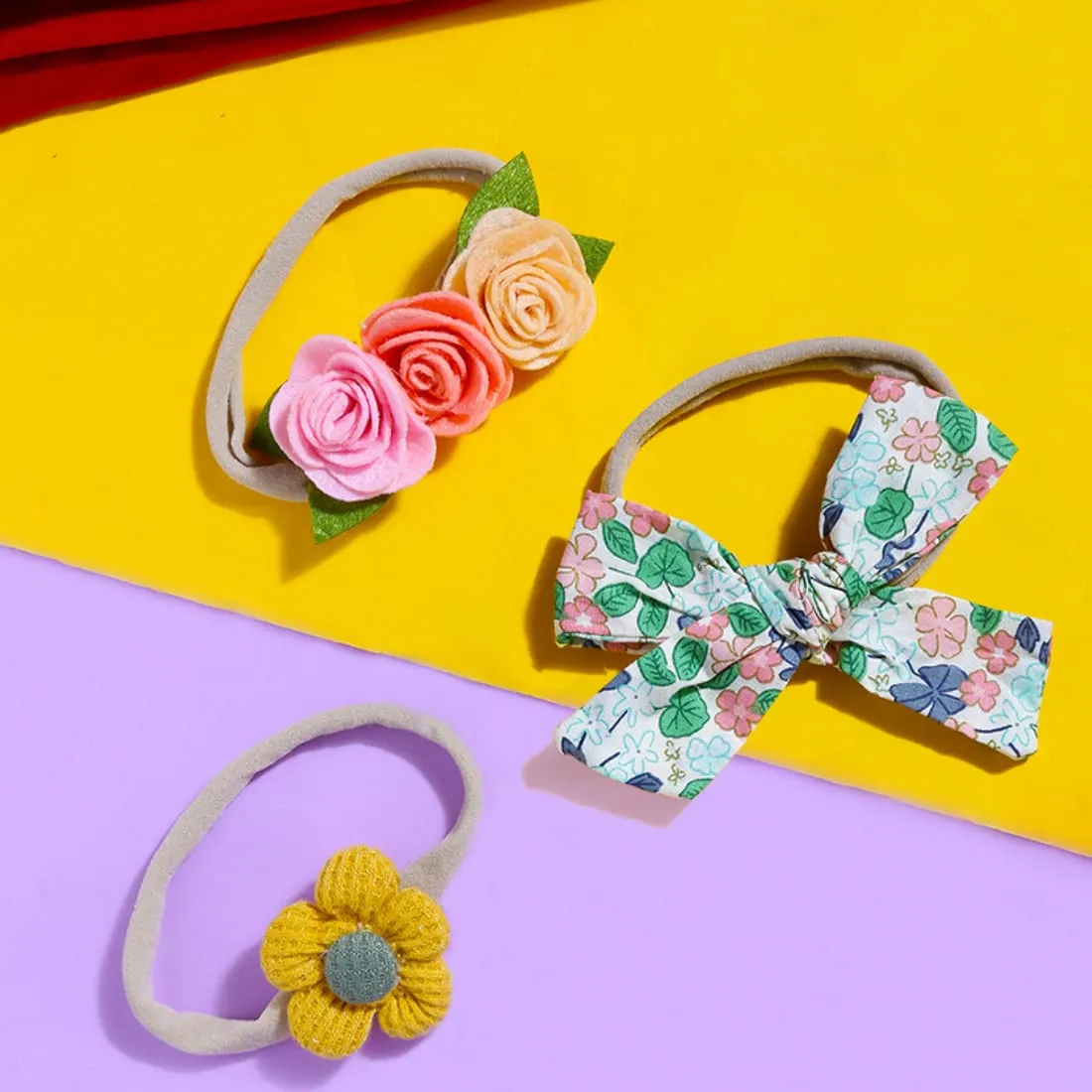 Melbees by Yellow Chimes Hair Bands for Girls 3 Pcs Hairbands For Kids Stretcheable Floral Bow Hair Bands Hair Accessories for Baby Kids and Girls.