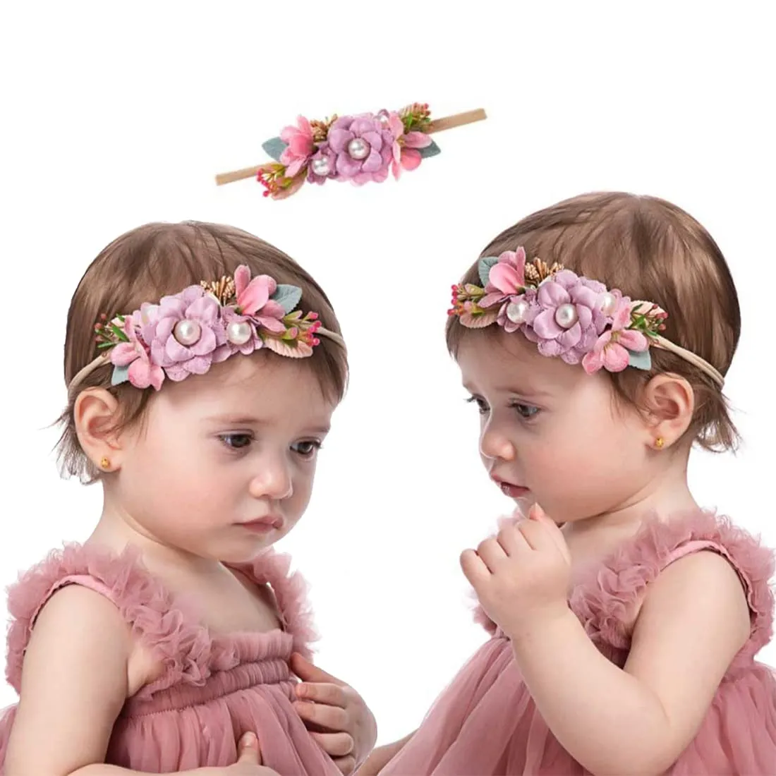 Melbees by Yellow Chimes Hair Bands, Lace and Satin Stretcheable Head Band Pink Floral Hairband for Girls, Kids & Toddlers (Pack of 2)