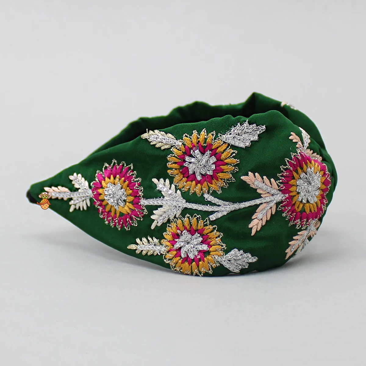 Multicolour Thread Floral Embroidered Green Hair Band