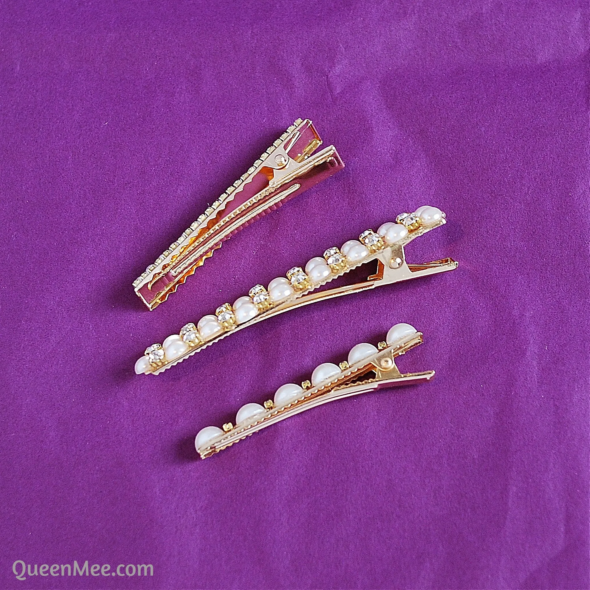 Pearl Clips in Gold with Diamante Set of 3