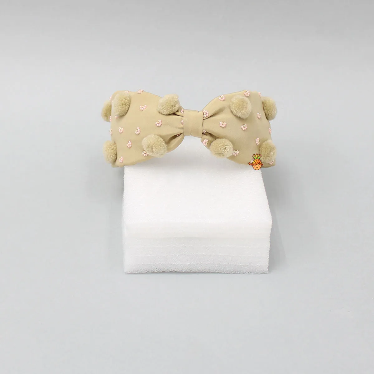 Pre Order: Pom Poms And Beads Embroidered Beige Hair Band