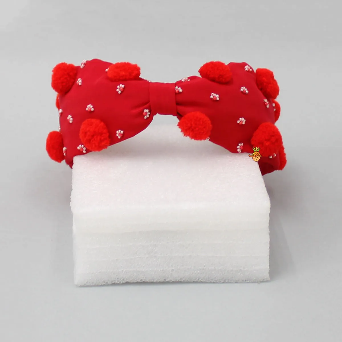 Pre Order: Pom Poms And Beads Embroidered Red Hair Band