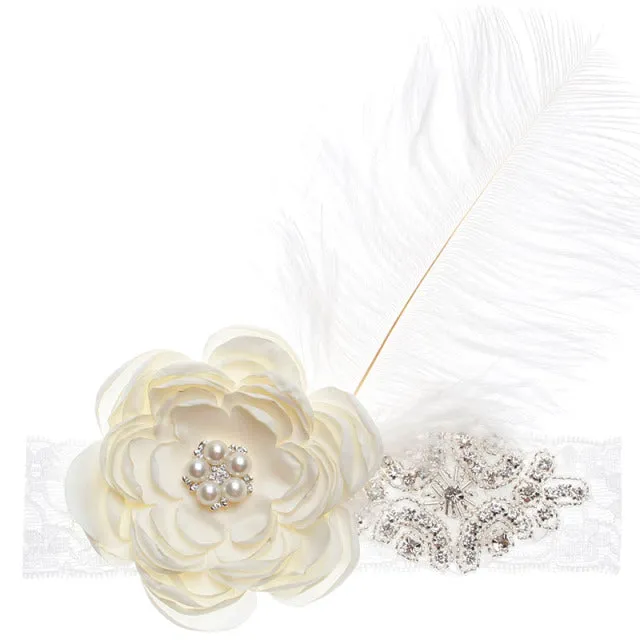 Precious Angelic Princess Flower Girl Feather Lace Headband-Rose Rhinestone Head Wear