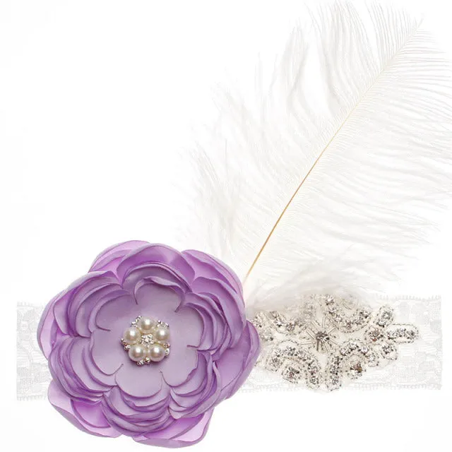 Precious Angelic Princess Flower Girl Feather Lace Headband-Rose Rhinestone Head Wear