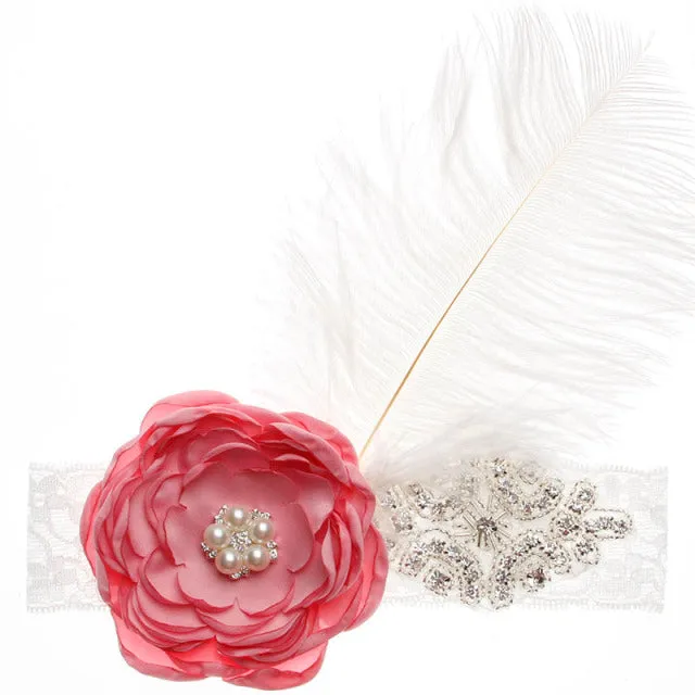 Precious Angelic Princess Flower Girl Feather Lace Headband-Rose Rhinestone Head Wear