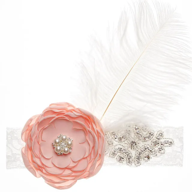 Precious Angelic Princess Flower Girl Feather Lace Headband-Rose Rhinestone Head Wear