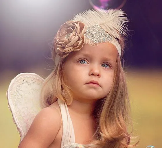 Precious Angelic Princess Flower Girl Feather Lace Headband-Rose Rhinestone Head Wear