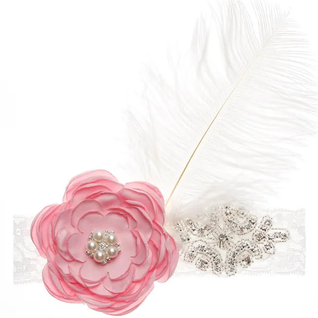 Precious Angelic Princess Flower Girl Feather Lace Headband-Rose Rhinestone Head Wear