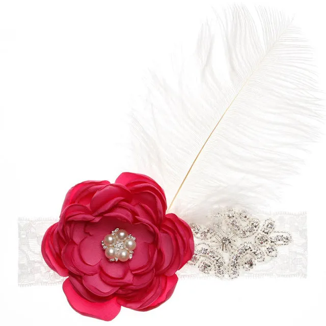 Precious Angelic Princess Flower Girl Feather Lace Headband-Rose Rhinestone Head Wear