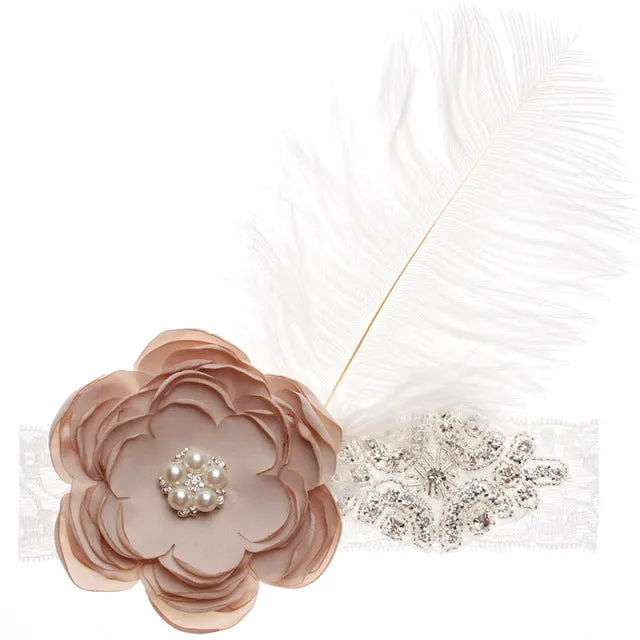 Precious Angelic Princess Flower Girl Feather Lace Headband-Rose Rhinestone Head Wear