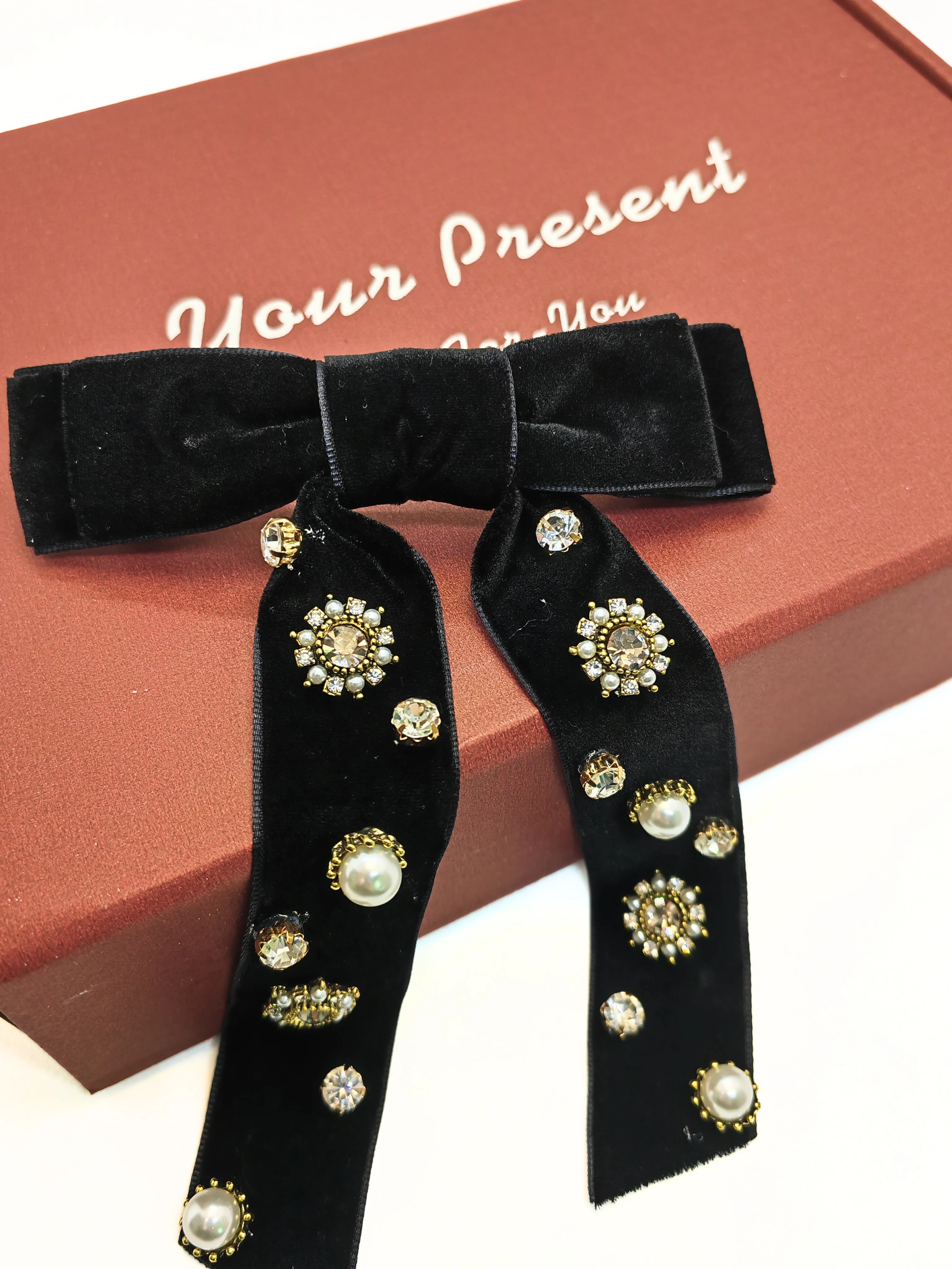 Rhinestone & Pearl Embellished Velvet Bow Hair Clips