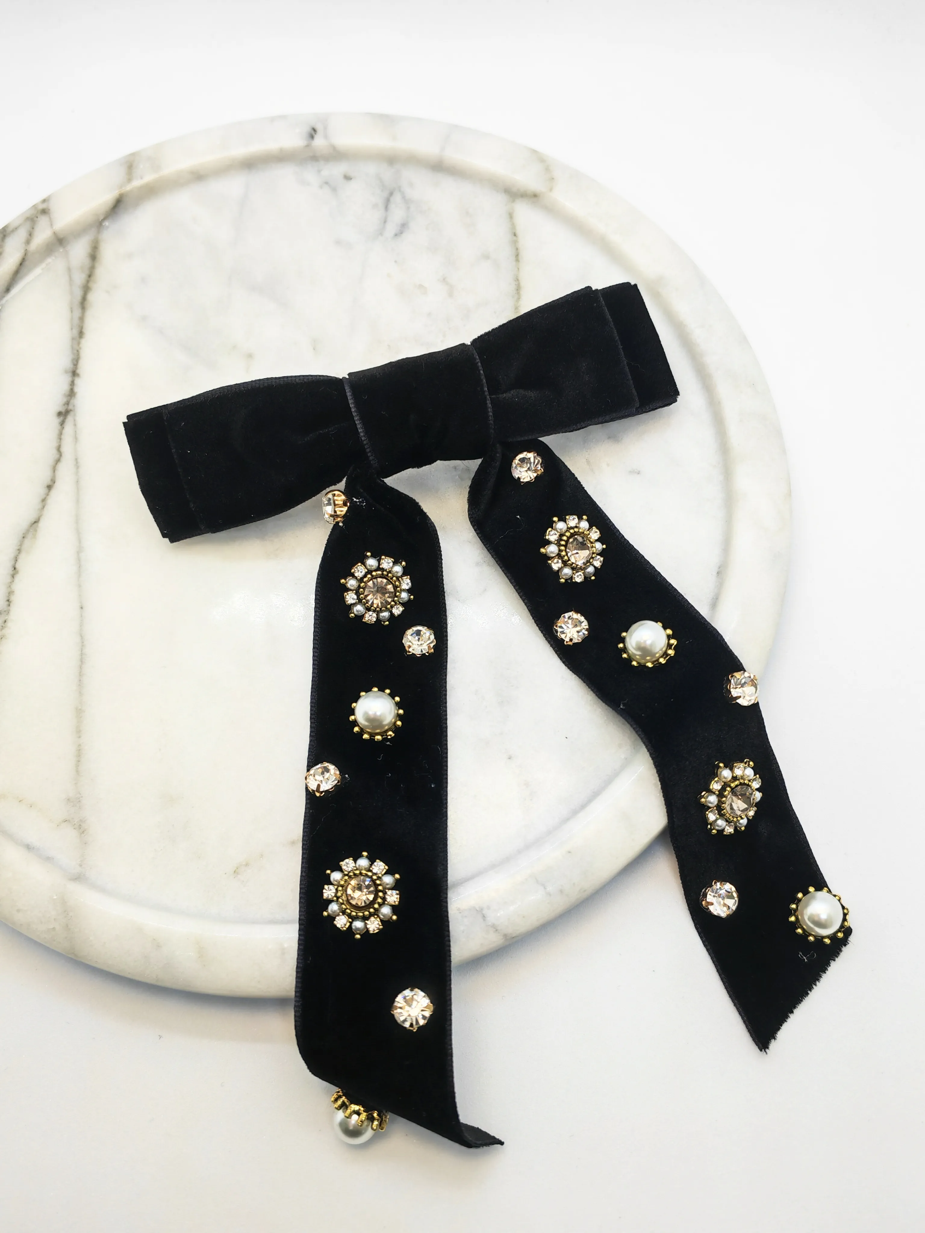 Rhinestone & Pearl Embellished Velvet Bow Hair Clips